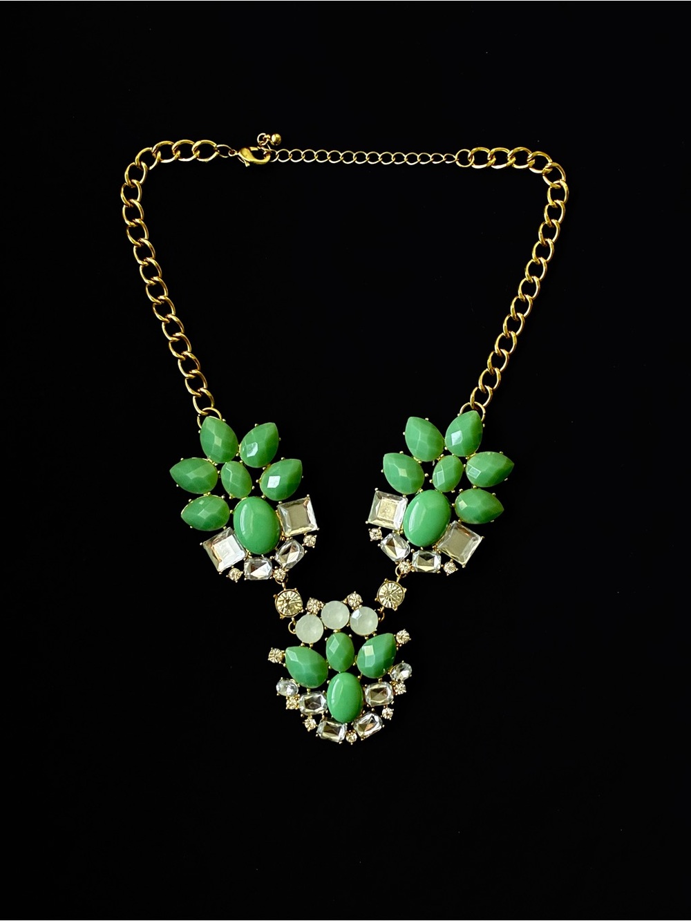Gold-Tone Green Cabochon & Rhinestone Floral Bib Necklace